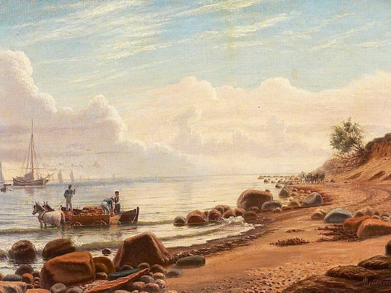 1841-Mathias Johan Frederik Lutken - Scena costiera con carrozze trainate da cavalli, figure e barche in mare - 1876